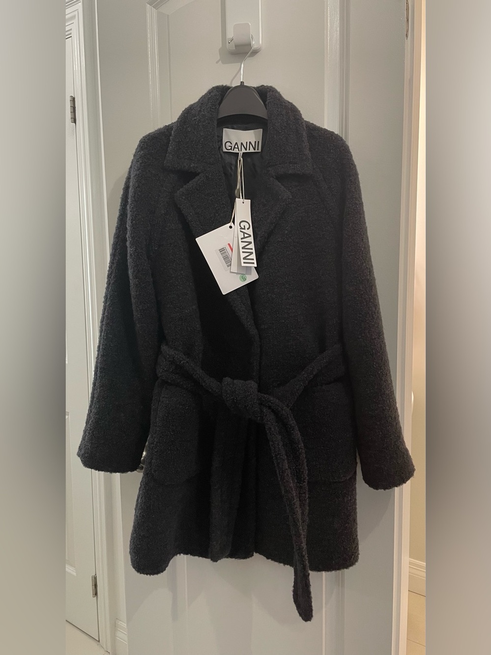 NWT GANNI Double-Breasted Belted Wool-Blend Bouclé Coat